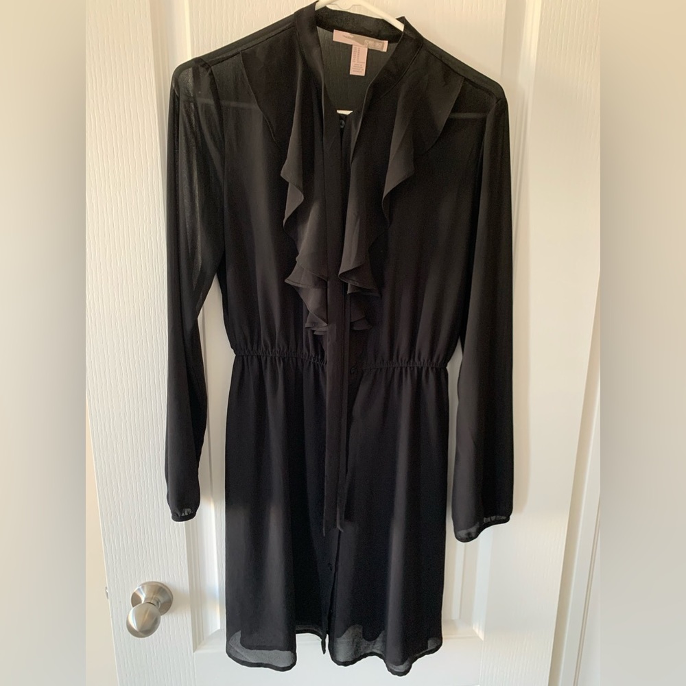 Forever21 Black ruffle trim button up long sleeve dress